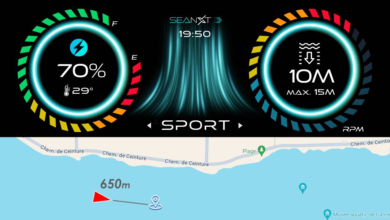 Pantalla del Sea NXT Elite mostrando estado de batería y profundidad