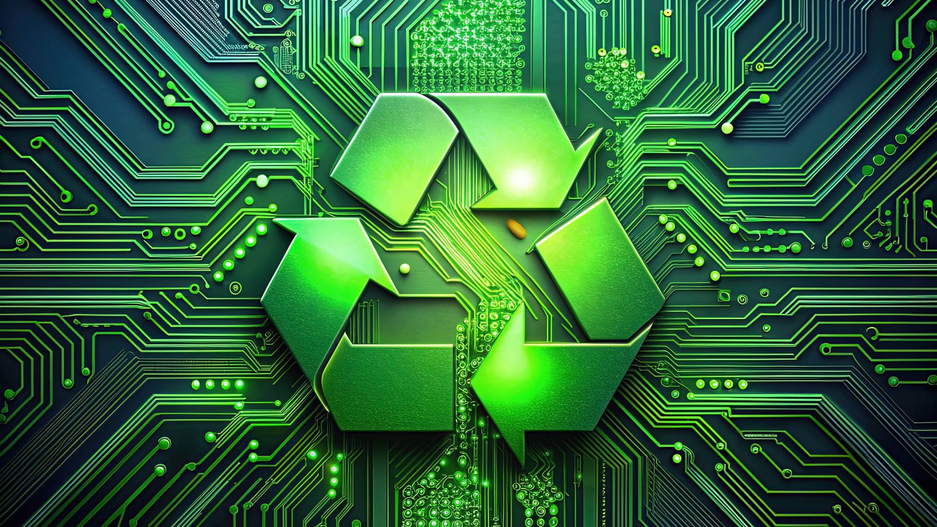 Símbolo de reciclaje sobre placa electrónica — diseño sostenible Sea NXT